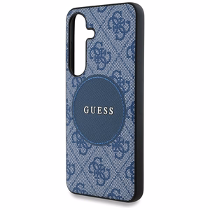 Dėklas telefonui Guess 4G Round Patch Classic Logo MagSafe Samsung Galaxy S25 Plus mėlynas