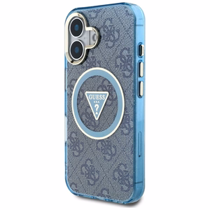 Guess IML Metal Glitter 4G Circle Triangle Magnetinis dėklas telefonui iPhone 16 - mėlynas
