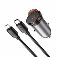 Automobilinis įkroviklis Hoco USB C QC PD 30W + kabelis USB C į Lightning NZ16 metalinis pilkas