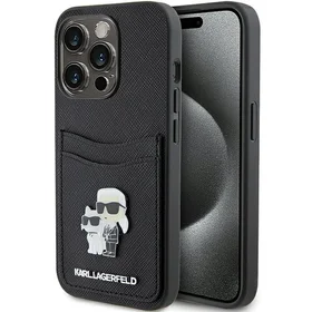 Karl Lagerfeld Saffiano kortelių lizdas Karl&Choupette metalinis kaištis dėklas iPhone 15 Pro - juoda