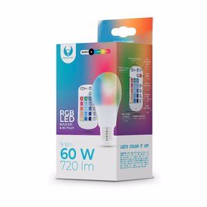 LED Bulb E27 A60 RGB + baltas 9W + RC Forever Light
