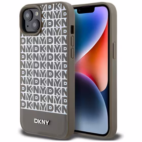 DKNY Odinis spausdintas raštas metalinis logotipas Magnetinis dėklas iPhone 15 / 14 / 13 - ruda