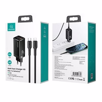 USAMS Tinklo įkroviklis MT 2xUSB-C+USB GaN 65W T33 PD + Laidas USB-C-Lightning 30W Fast Charging juodas MTXLOGTL01