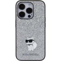 Karl Lagerfeld Fixed Glitter Choupette Logo Metal Pin Dėklas telefonui iPhone 15 Pro Max - sidabrinis