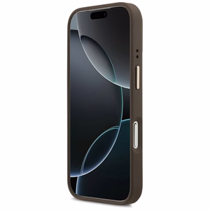 Guess 4G PU trikampio logotipo ir stovo kameros magnetinis dėklas telefonui iPhone 17 Pro - rudas