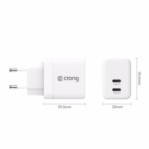 Crong Ultra Compact GaN sieninis įkroviklis, 2 × USB-C, 35 W, PD 3.0, PPS, baltas