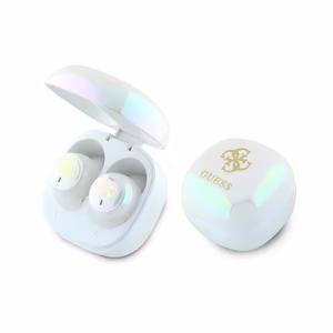 Наушники Guess Bluetooth GUTWSJ144ESH TWS + зарядная станция белые Iridescent 4G Printed Logo