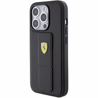 Ferrari Grip Stand Metal Logo dėklas iPhone 15 Pro Max – juodas