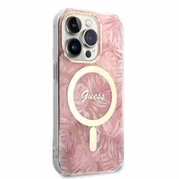Rinkinys Guess GUBPP14LHJEACSP Dėklas+ Įkroviklis iPhone 14 Pro 6,1" rožinis hard dėklas Jungle MagSafe
