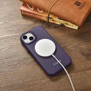 iCarer CE Premium odinis folio dėklas iPhone 14 Plus magnetinis atverčiamas odinis folio dėklas MagSafe tamsiai violetinė