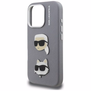 Karl Lagerfeld FW Grained Karl & Choupette Heads Pins Dėklas iPhone 16 Pro Max - pilkas