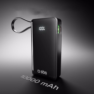 Išorinė baterija SBS 10000 mAh 20W su įmontuotu USB-C kabeliu ir skaitmenine indikacija - juoda