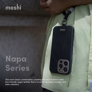Moshi Napa MagSafe aukštos kokybės veganiškos odos dėklas, skirtas iPhone 15 Pro Max, „Eggnog White“ spalvos