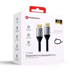Forcell DisplayPort 2.1 laidas, 16K/60 Hz, 8K/120 Hz, 4K/240 Hz, HDR, Ethernet, G-SYNC / FreeSync, 80 Gb/s, 2 m – juodas