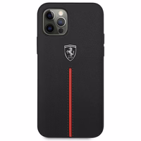 Ferrari FEOMSHCP12LBK iPhone 12 Pro Max juodas/juodas kietas dėklas Off Track Leather Nylon Stripe
