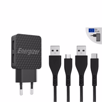 Energizer HardCase - 2x USB-A 12W mains įkroviklis + USB-C & Micro USB laidas (juodas)