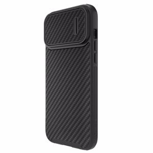 Nillkin Synthetic Fiber S dėklas iPhone 14 Pro Max su kameros dangteliu, juodas