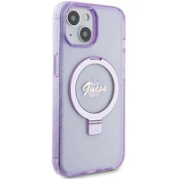 Guess dėklas telefonui su stovu Ring Stand Script Glitter magnetinis iPhone 15 Plus / 14 Plus - violetinis