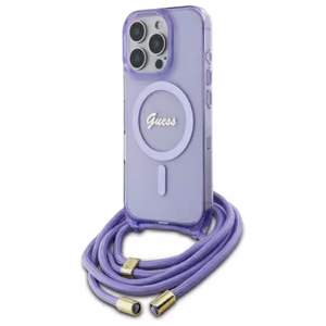 Guess Kryžminis Laidas Užrašas Magnetinis dėklas iPhone 16 Pro - violetinis