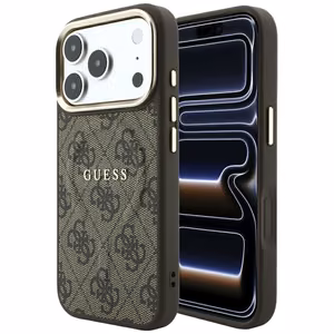 Guess Embossed 4G Classic MagSafe dėklas, skirtas iPhone 17 Pro Max / 18 Pro Max, rudas