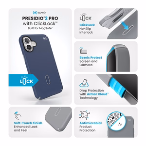 Speck Presidio2 Pro dėklas su MagSafe ir ClickLock, skirtas iPhone 16 Plus, „Coastal Blue/Dust Grey“