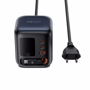 Acefast Z10 GaN 100 W 3 × USB stalinis įkroviklis su ištraukiamu USB-C laidu ir TFT ekranu, juodas