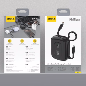 Dudao K32 22.5W 10000mAh išorinė baterija su įmontuotu USB-C / Lightning kabeliu - juoda