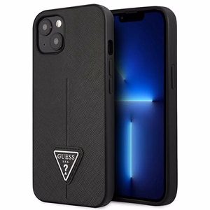 Guess GUHCP13SPSATLK iPhone 13 mini 5.4 dėklas telefonui, juodas, kietas, Saffiano trikampio logotipu