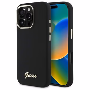 "Guess" silikoninis korpusas su metaliniu logotipu ir rėmeliu, skirtas "iPhone 16 Pro" - juodas