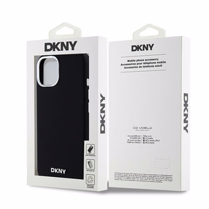 DKNY Skystas silikoninis dėklas MagSafe iPhone 15 Plus / 14 Plus su metaliniu logotipu - juodas (m)