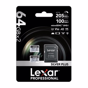 Lexar High-Performance Silver Plus microSDXC 2x64GB atminties kortelių rinkinys + adapteris