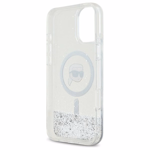 Karl Lagerfeld skystas blizgučių Karl galvos MagSafe dėklas iPhone 16 Plus - skaidrus