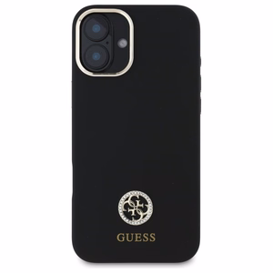 Guess Silikoninis Logo Strass 4G dėklas iPhone 16 - juodas