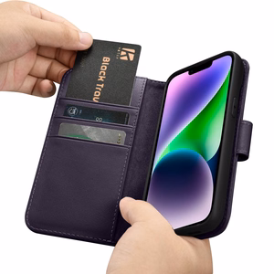 iCarer Piniginės dėklas 2in1 viršelis iPhone 14 Plus Anti-RFID odinis atverčiamas dėklas tamsiai violetinis (WMI14220727-DP)