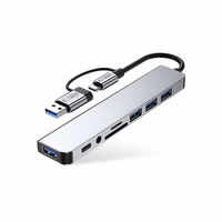 "Tech-Protect" HB06 HUB adapteris 8in1 TYPE-C + USB2.0 + USB3.0 + SD/TF + AV3.5 - pilkos spalvos