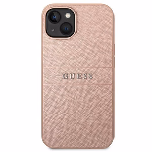 Guess GUHCP14MPSASBPI Saffiano with Metal Logo dėklas, skirtas iPhone 14 Plus, rožinis