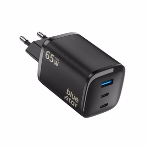 Blue Star Nano GaN VT-335 telefono įkroviklis, 2 × USB-C + USB-A, QC4.0, PD, 3 A, 65 W, juodas