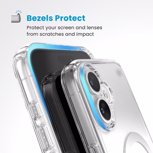 Speck Presidio Perfect-Clear dėklas su MagSafe ir ClickLock, skirtas iPhone 16 Plus, „Clear/Chrome“