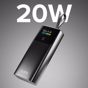SBS 10000mAh PD 20W išorinė baterija su LCD ekranu ir įmontuotu USB-C kabeliu - pilka