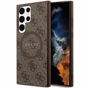 Guess 4G Collection Leather Metal Logo MagSafe dėklas telefonui Samsung Galaxy S24 Ultra - rudas