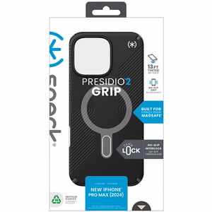 Speck Presidio2 Grip ClickLock & MagSafe dėklas, skirtas iPhone 16 Pro Max, juodas / skalūno pilkas / baltas