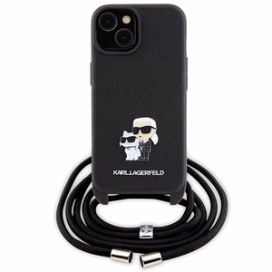 Karl Lagerfeld kryžminis Saffiano metalinis ženkliukas Karl & Choupette dėklas telefonui iPhone 15 - juodas