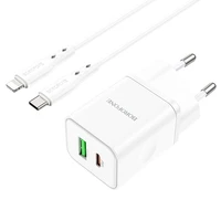 Borofone Sieninis įkroviklis BN7 - USB + Type C - QC 3.0 PD 20W su Type C į Lightning kabeliu baltas