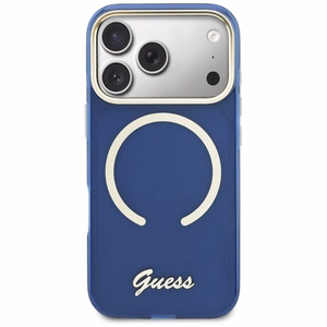 Guess IML Script Metal MagSafe Dėklas for iPhone 17 Pro Max - mėlynas