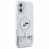 Karl Lagerfeld Liquid Glitter Karl & Choupette Head Magnetinis iPhone 16 Plus dėklas - skaidrus