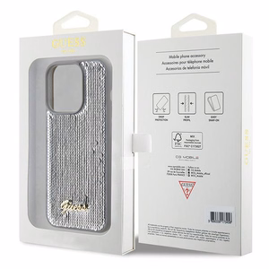 Guess Sequin Script Metal dėklas telefonui iPhone 15 Pro Max - sidabrinis