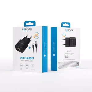 "Forever TC-01" įkroviklis 1x USB 2A juodas + "Lightning" laidas