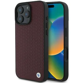 BMW Sign Leather Diamond Metal Logo MagSafe dėklas iPhone 16 Pro Max - raudonas