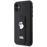 Karl Lagerfeld Gripstand Saffiano Choupette Pins dėklas telefonui iPhone 11 / Xr - juodas
