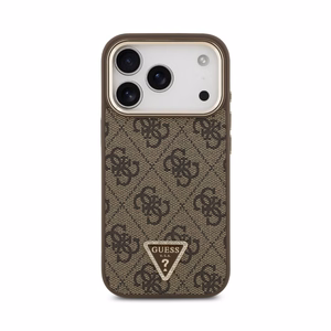Dėklas Guess PU Leather 4G Strass Triangle Logo Gold Frame MagSafe Apple iPhone 18 Pro rudas